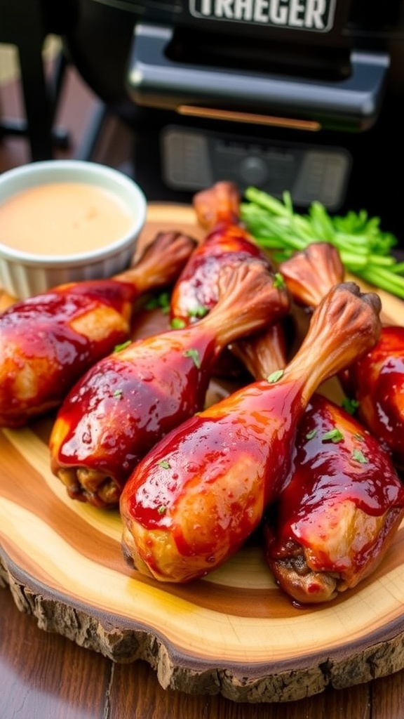 Smoked chicken drumsticks on a wooden platter with BBQ glaze and fresh herbs.
